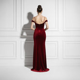 Maxi Long Red Velvet Formal Evening Dress with Side Slit TS2602
